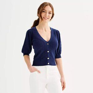 Draper James Women Novelty Stitch Elbow Sleeve Navy Cardigan Size XL